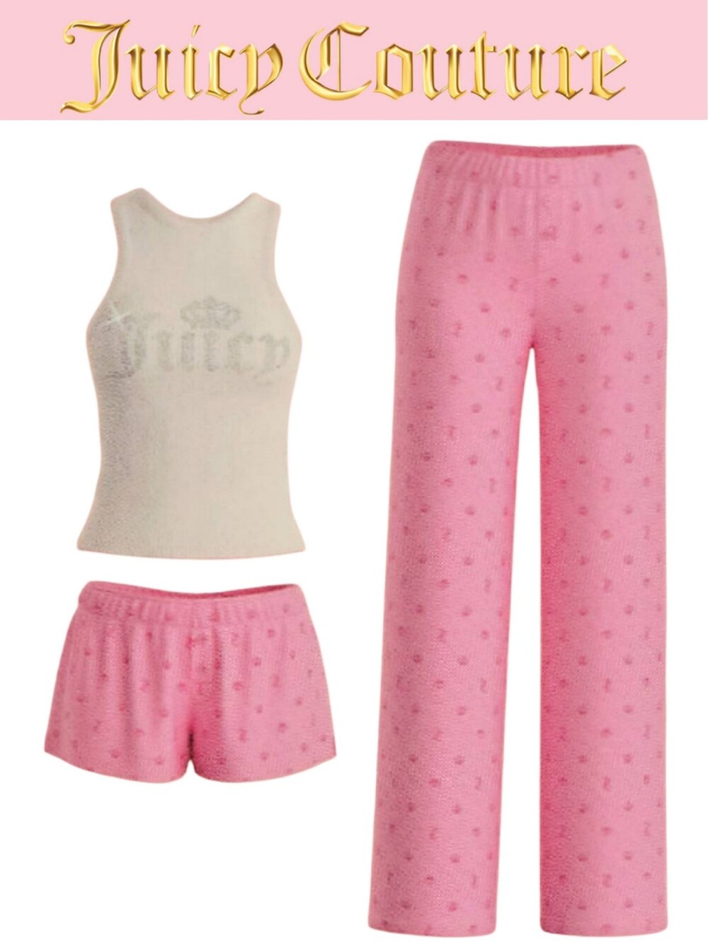 Juicy Couture 3-Piece Rhinestone Logo Crown Lounge Set - Tank, Shorts & Pants